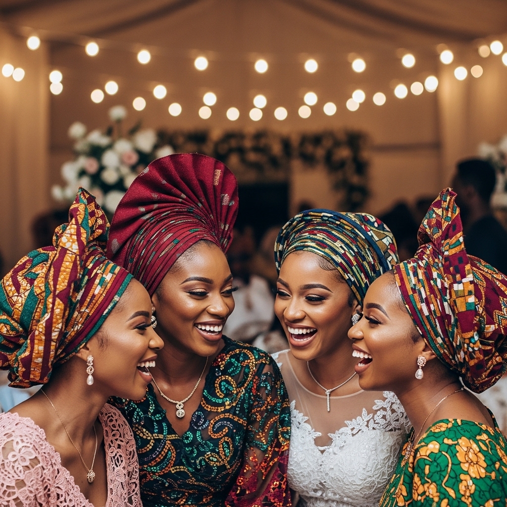Women celebrating together wearing beautiful Gele headwraps
